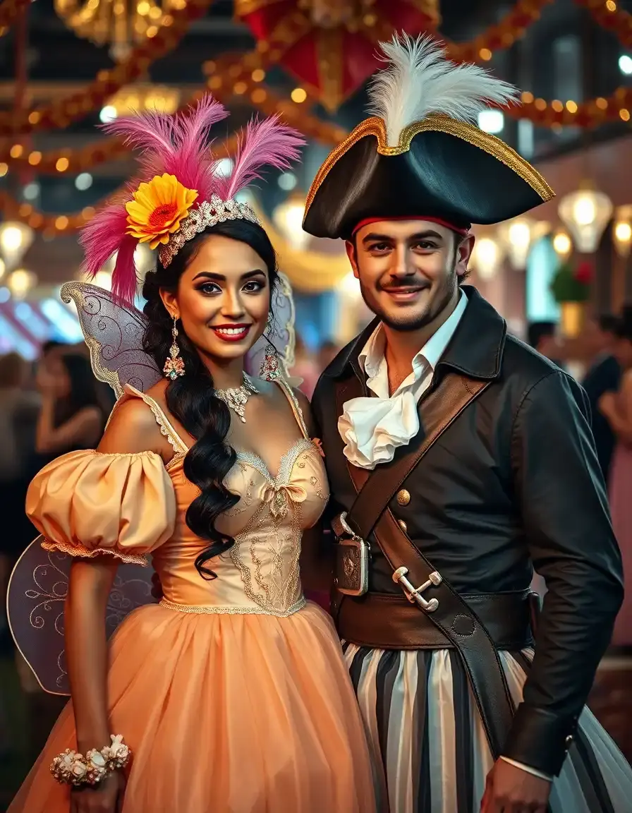Coppia sorridente indossa carnevale coppia vestiti coordinati in un ambiente festivo