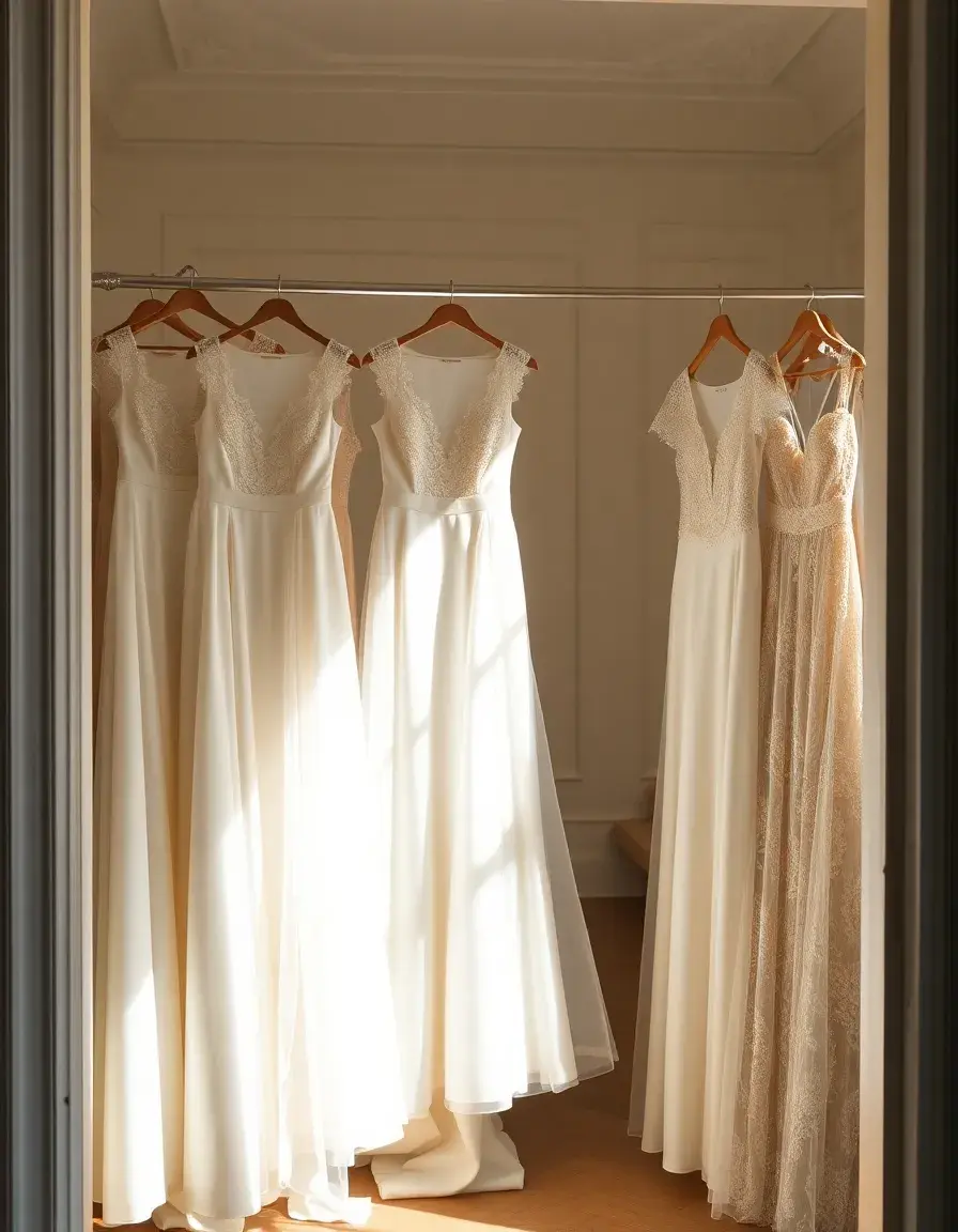 Eleganti vestiti da cerimonia in seta e pizzo esposti in una boutique di lusso