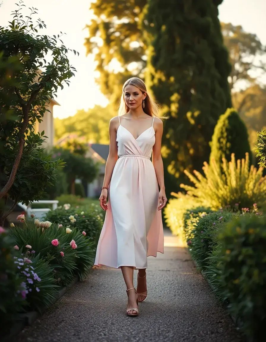 Donna elegante con abito midi pastello ideale per un outfit da battesimo