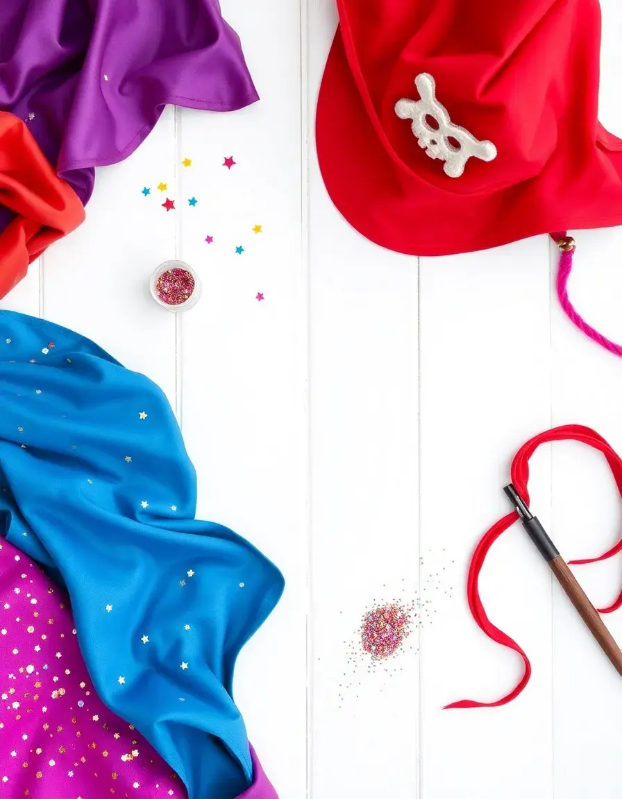 Composizione flat-lay di elementi per vestiti di carnevale fai da te con glitter e accessori
