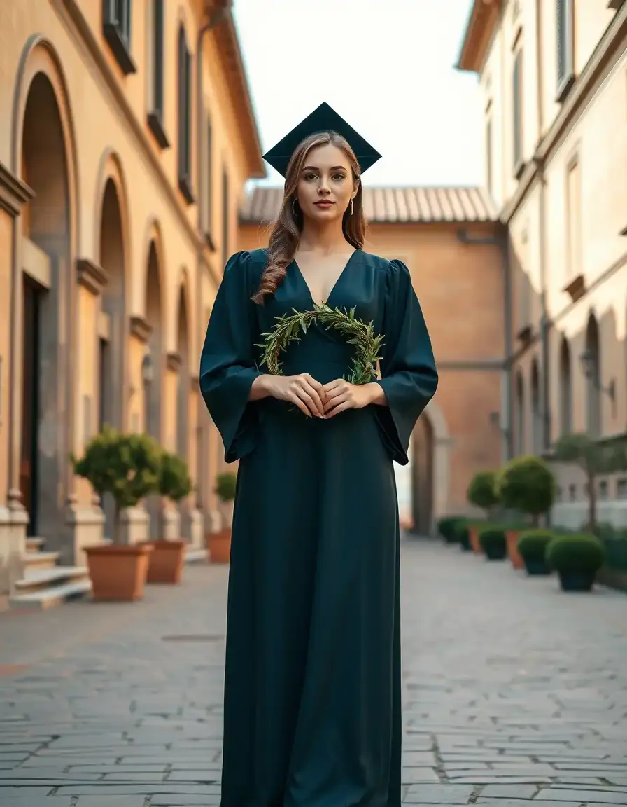 Donna elegante con corona d'alloro e vestito da laurea in un cortile universitario
