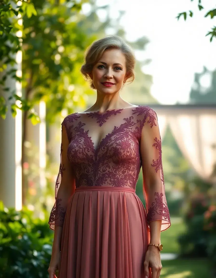 Elegante mamma della sposa indossa un vestito in pizzo in un giardino fiorito