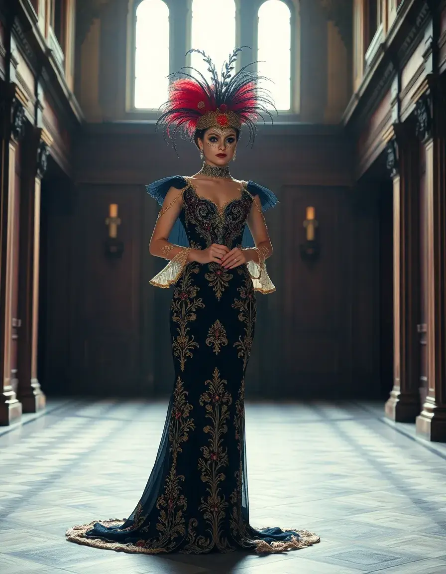 Donna in elegante abito da carnevale veneziano barocco con ricami dorati