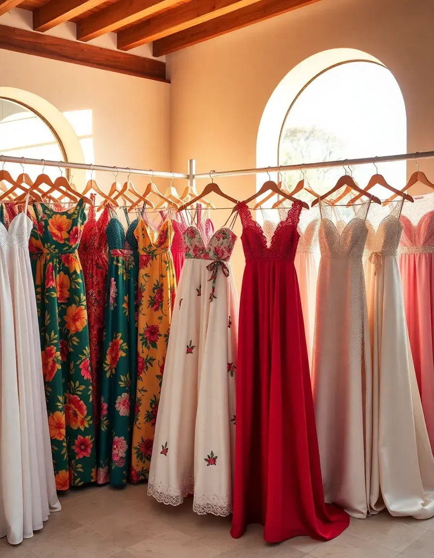 Eleganti vestidos stile spagnolo floreali e in pizzo in una boutique