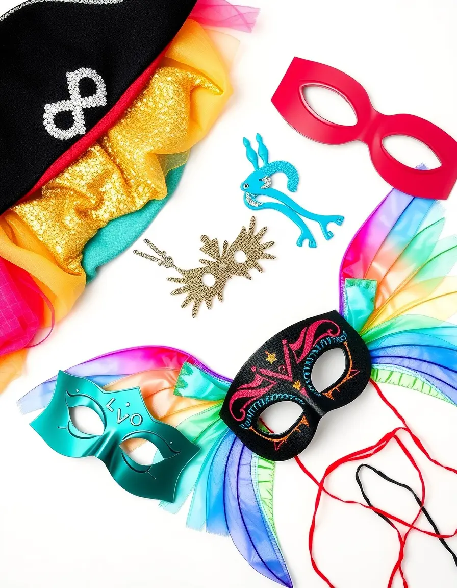 Accessori e tessuti per vestirsi a carnevale fai da te disposti su un piano