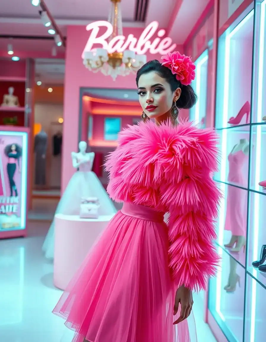 Donna con vestito rosa iconico in stile Barbie in una boutique moderna