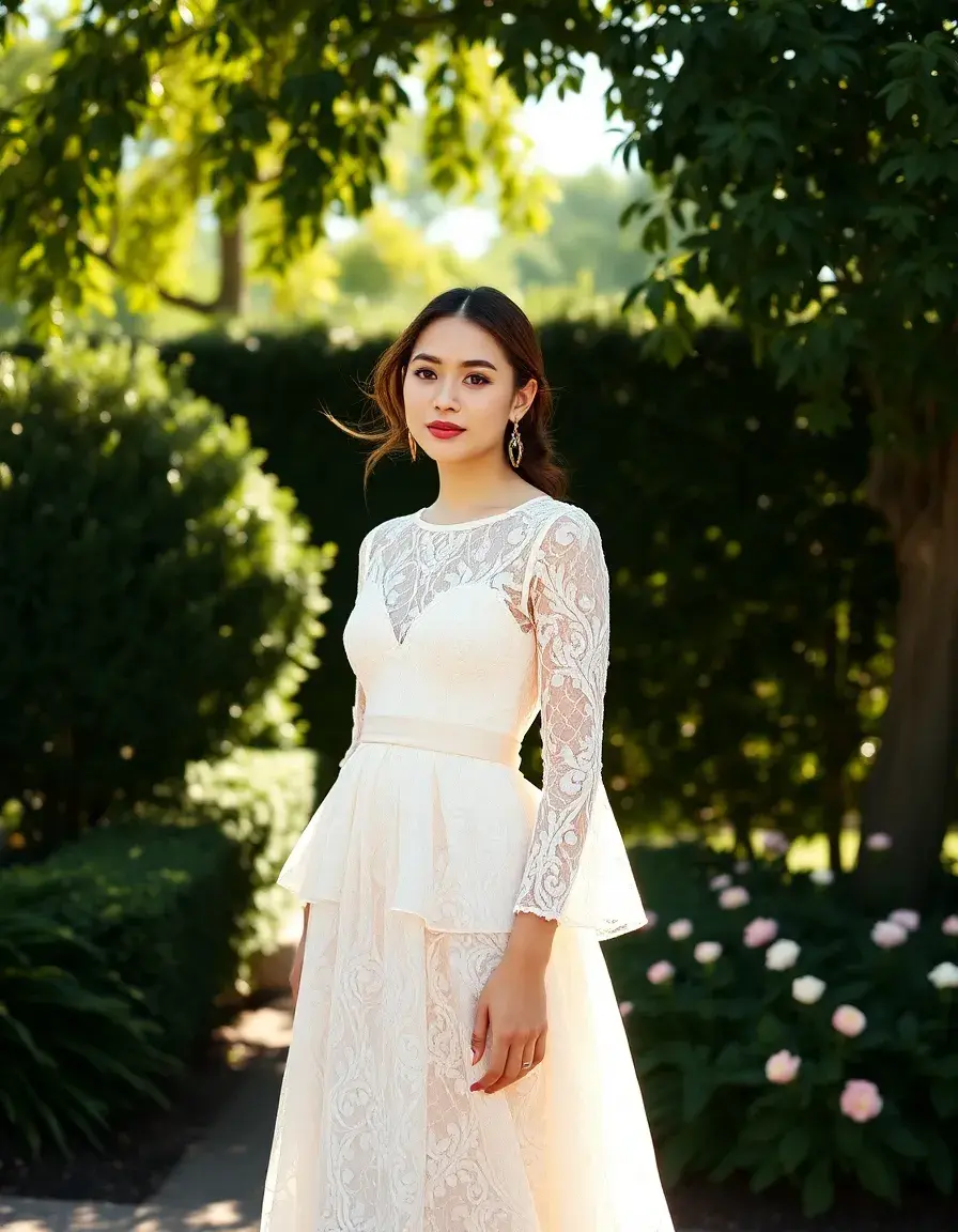 Donna elegante con vestito in pizzo pastello per un battesimo in giardino