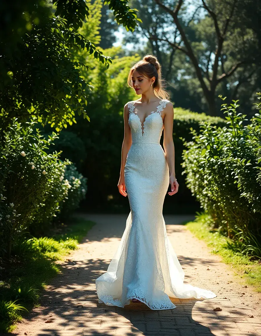 Sposa sorridente in un moderno vestito corto in pizzo bianco in un giardino