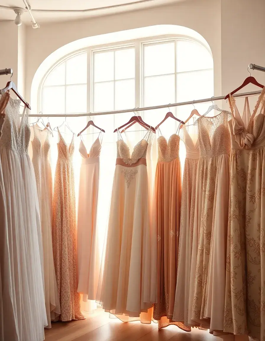 Eleganti abiti da cerimonia esposti in una boutique di lusso con luce naturale