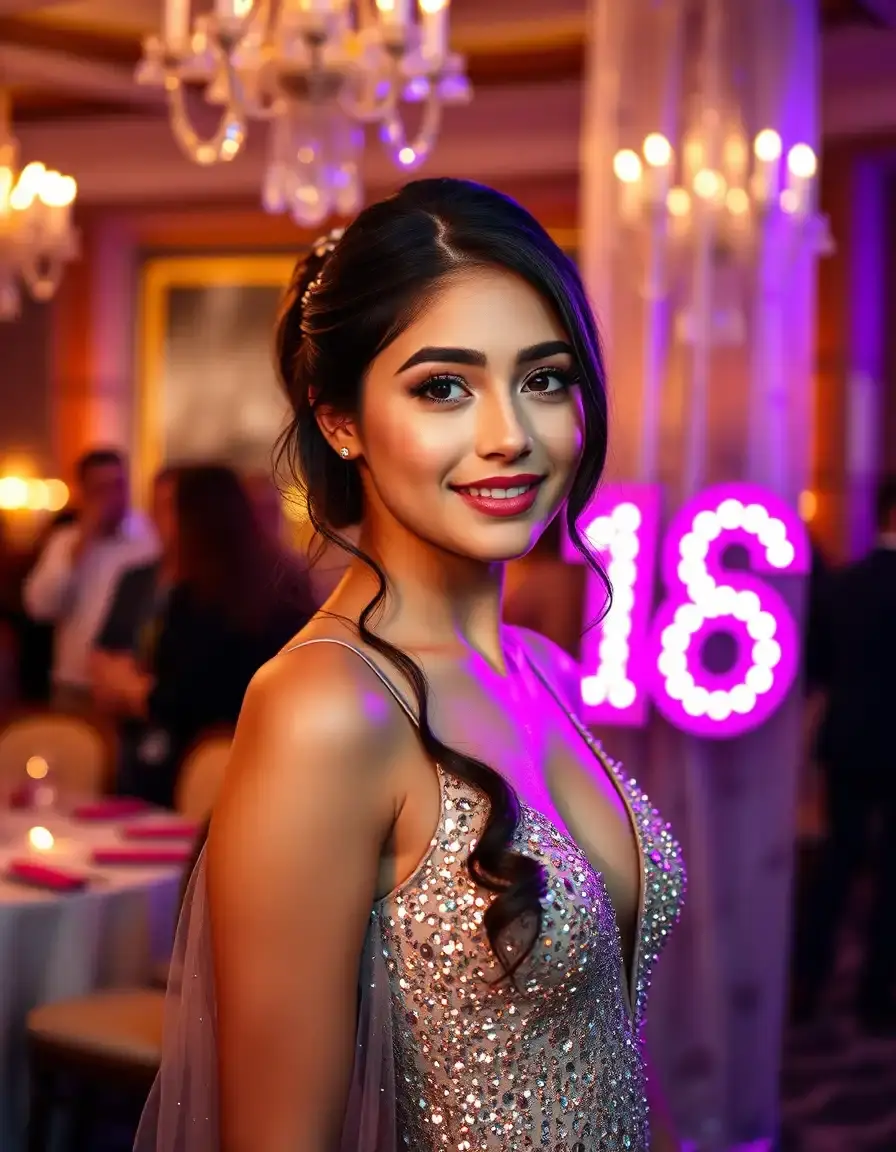 Ragazza festeggia il diciottesimo compleanno indossando un vestito scintillante elegante