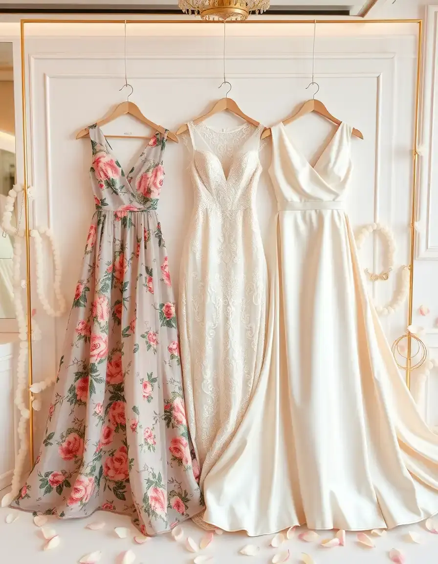 Eleganti vestiti da donna per cerimonia disposti su uno sfondo luminoso con accessori dorati.