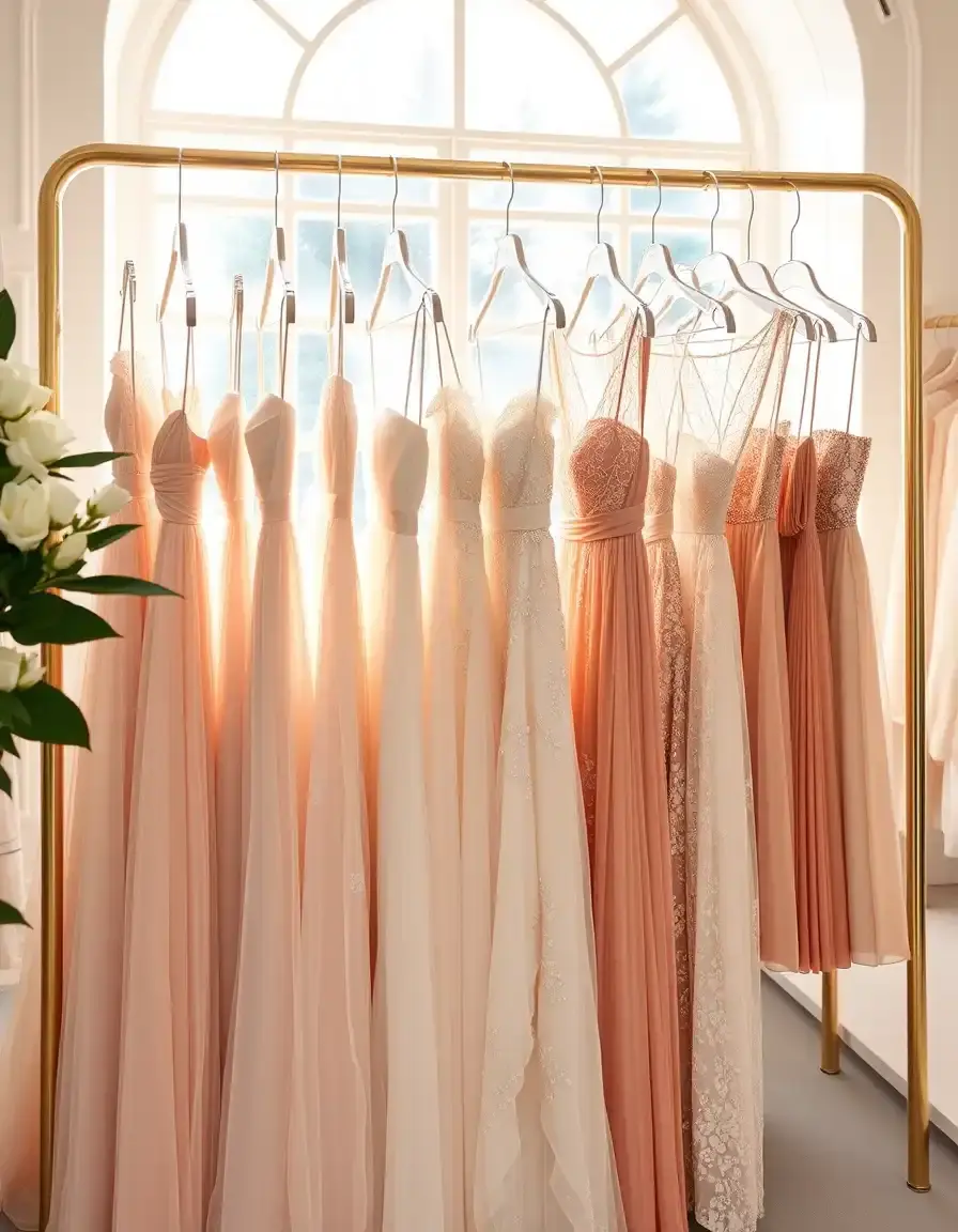 Eleganti vestiti da invitati al matrimonio esposti in una boutique di lusso