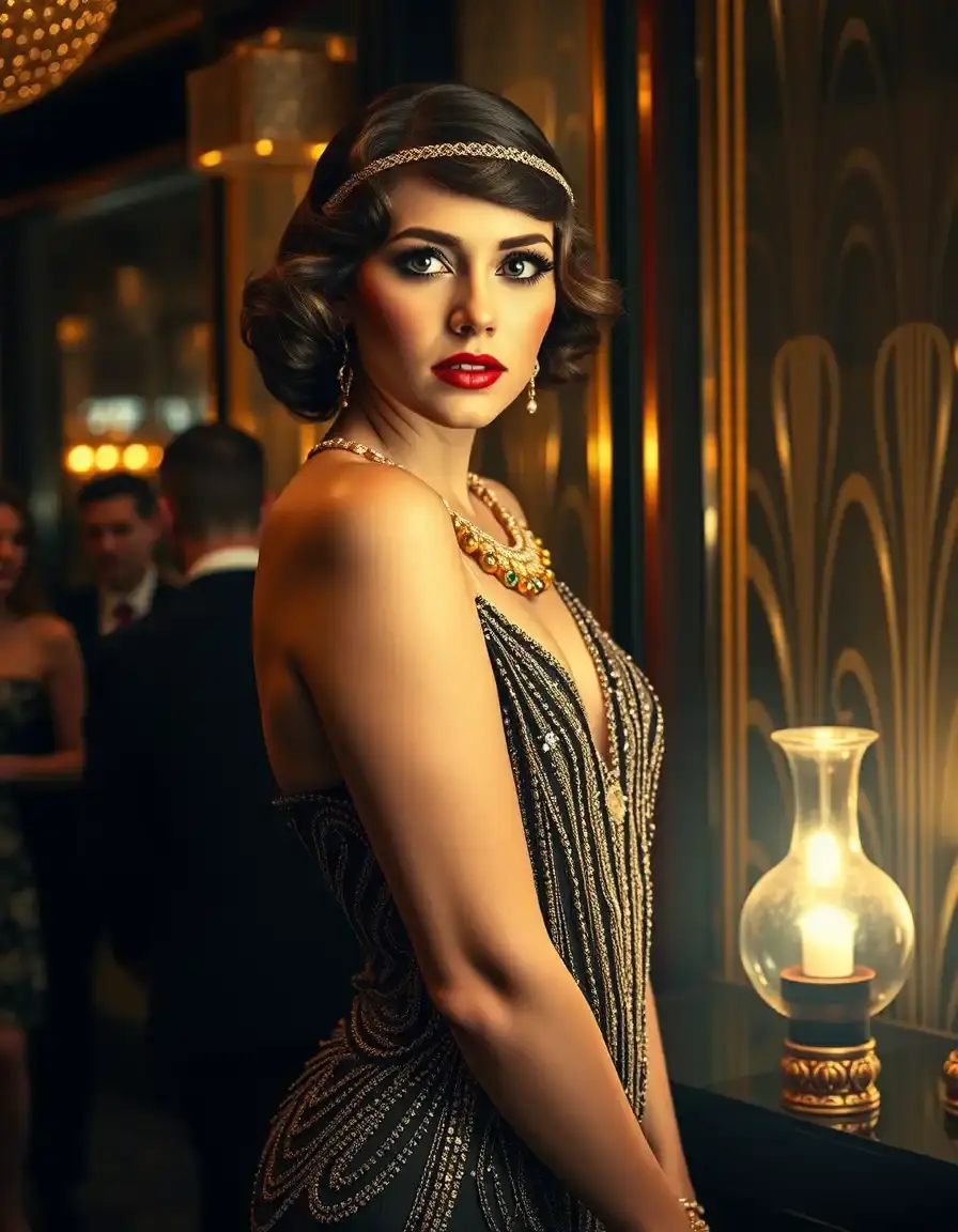 Elegante donna con vestito anni 20 stile flapper e decorazioni art deco