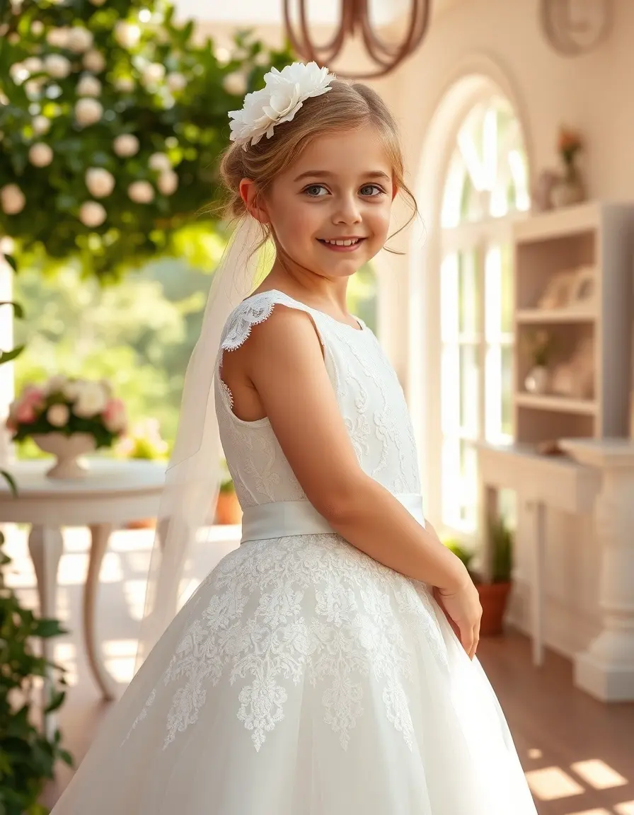 Bambina con abito da prima comunione in pizzo bianco in un giardino luminoso