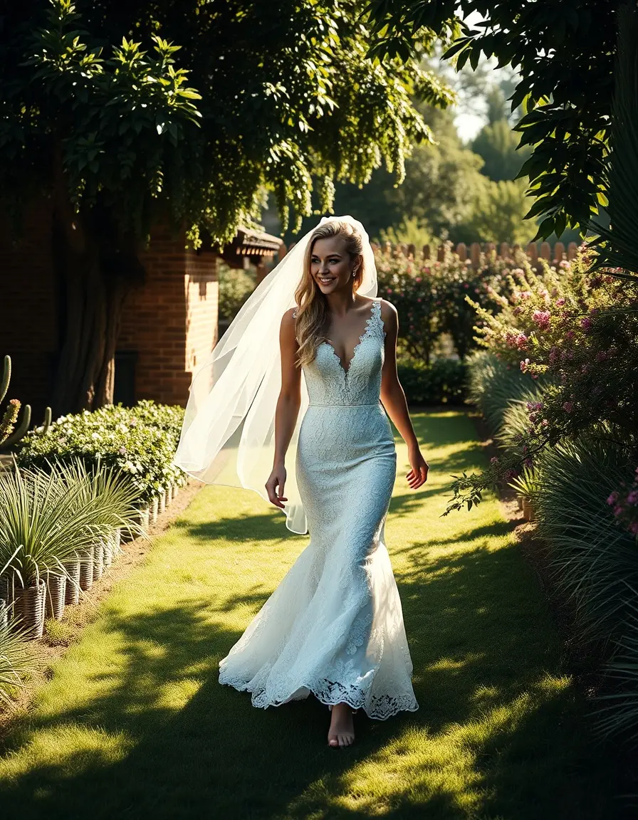 Sposa moderna in giardino con un vestito da sposa corto in pizzo