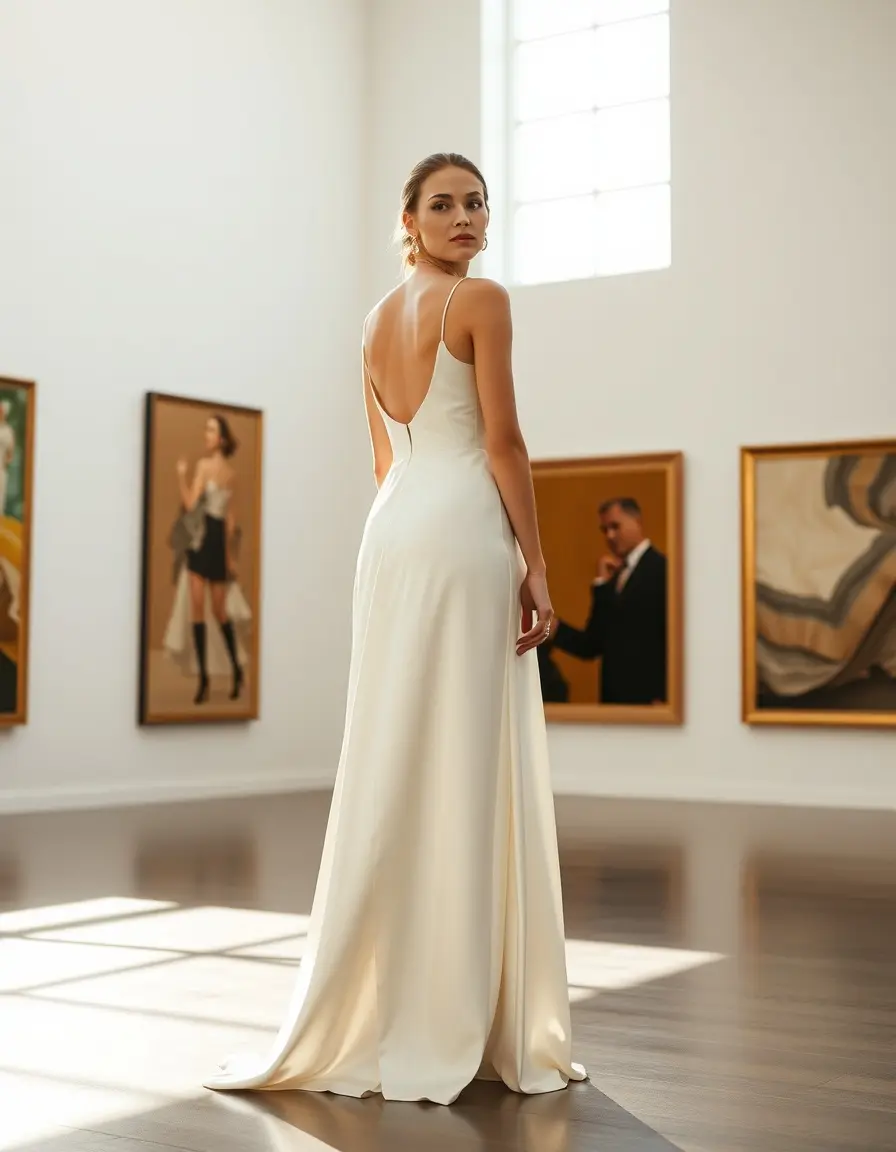 Sposa elegante in abito da sposa semplice in raso bianco in una galleria d'arte.
