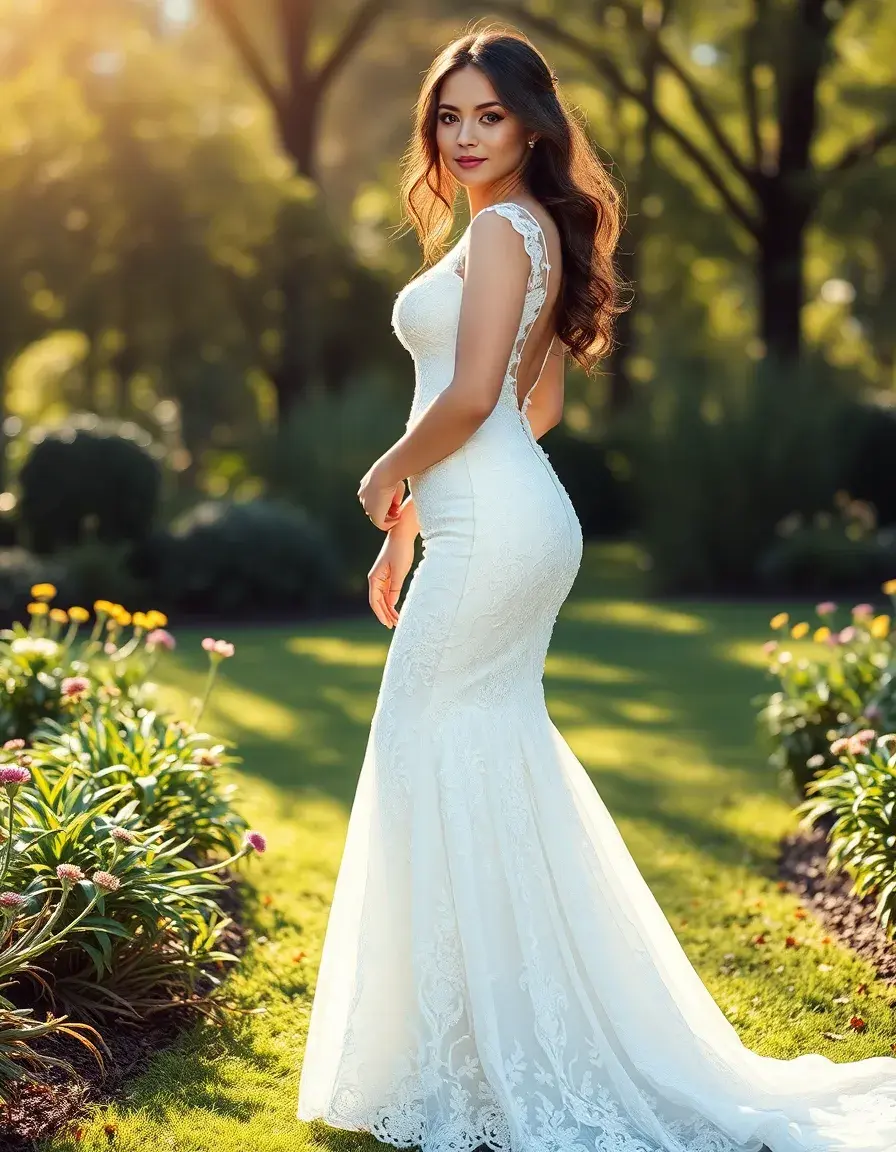 Sposa elegante con vestito di matrimonio a sirena in pizzo in un giardino soleggiato