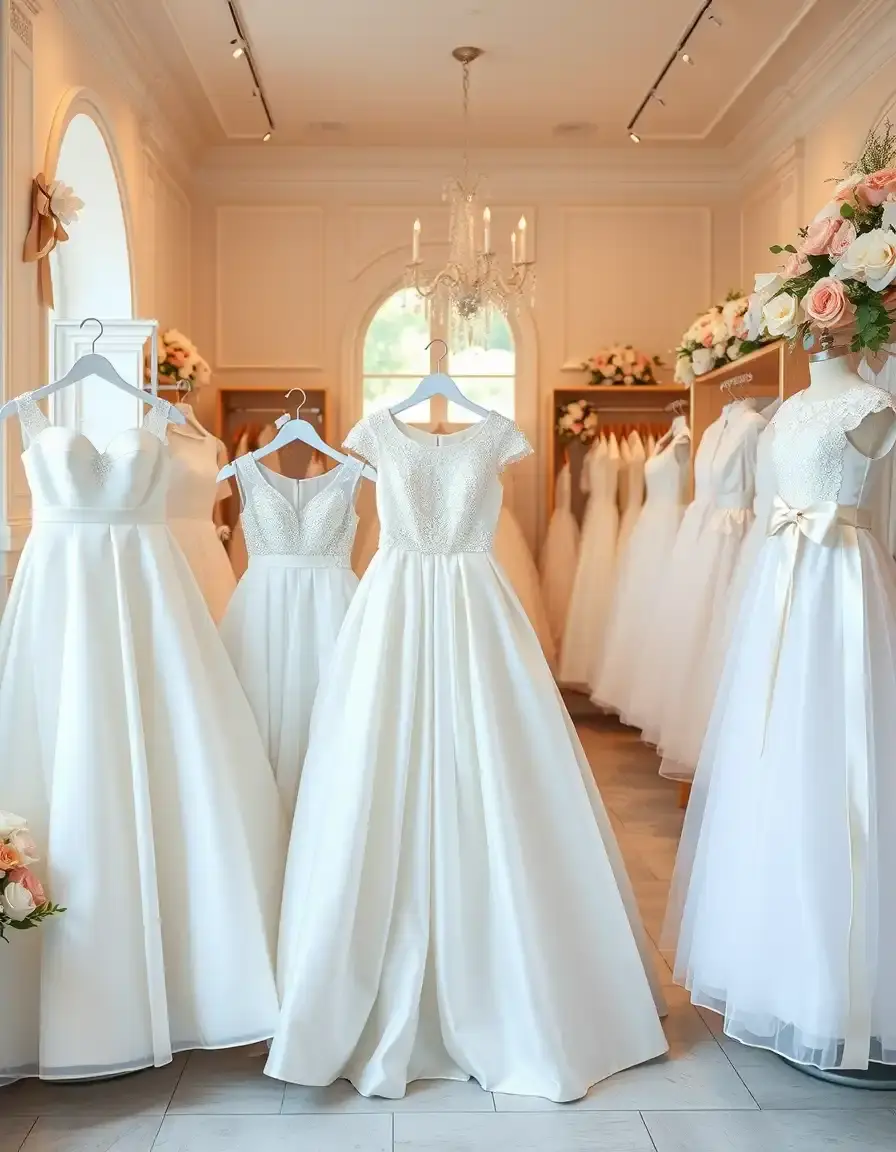 Selezione di eleganti vestiti di prima comunione bambina bianchi in pizzo e tulle.