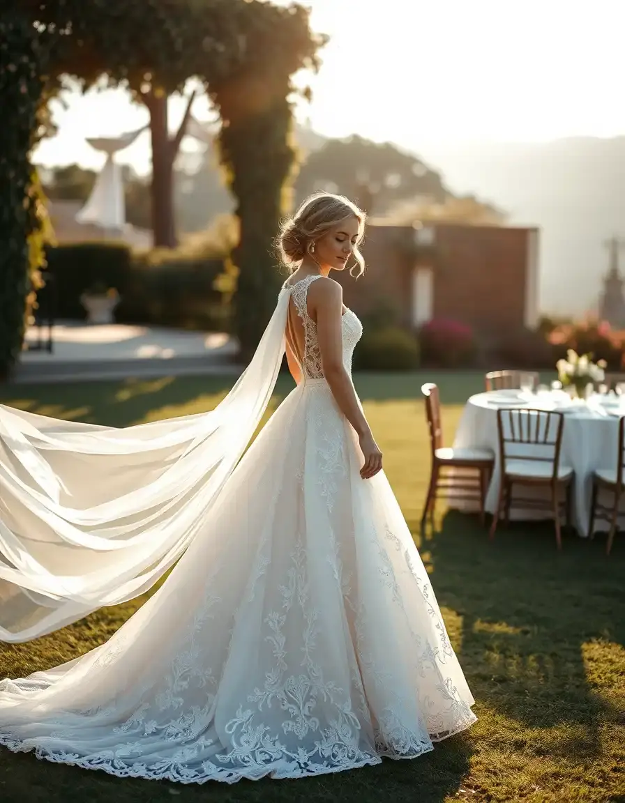 Donna con vestito da matrimonio in pizzo a trapezio in un giardino soleggiato