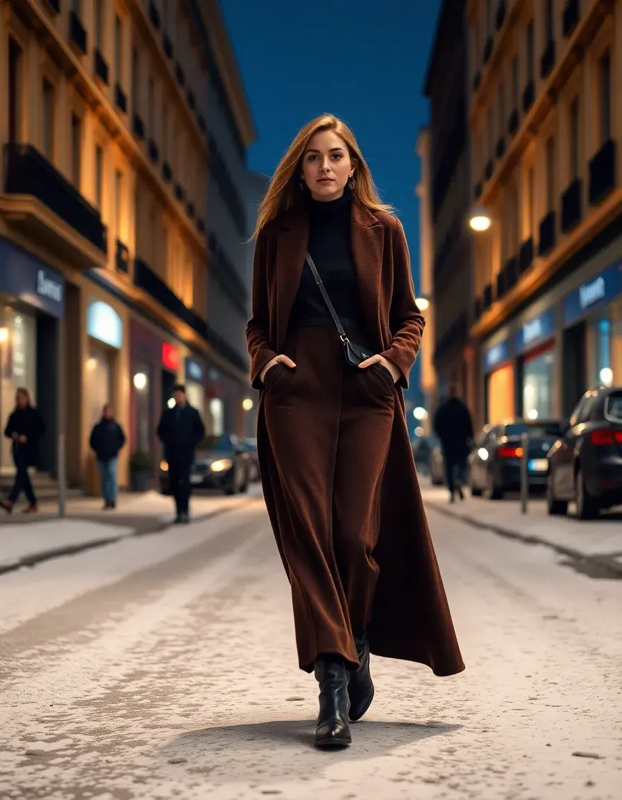 Donna elegante con vestito invernale lungo in lana grigio cammina in città