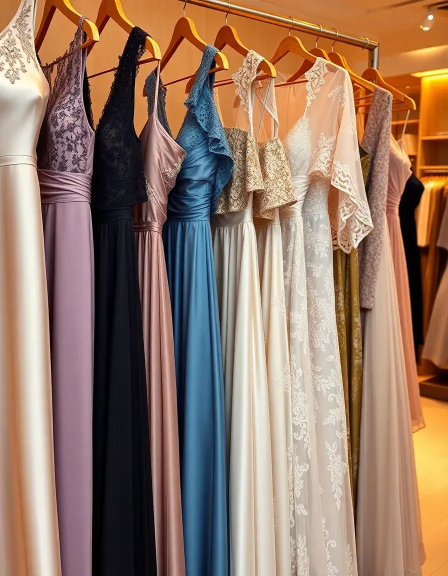 Collezione di vestiti eleganti da donna in seta e pizzo in una boutique di lusso