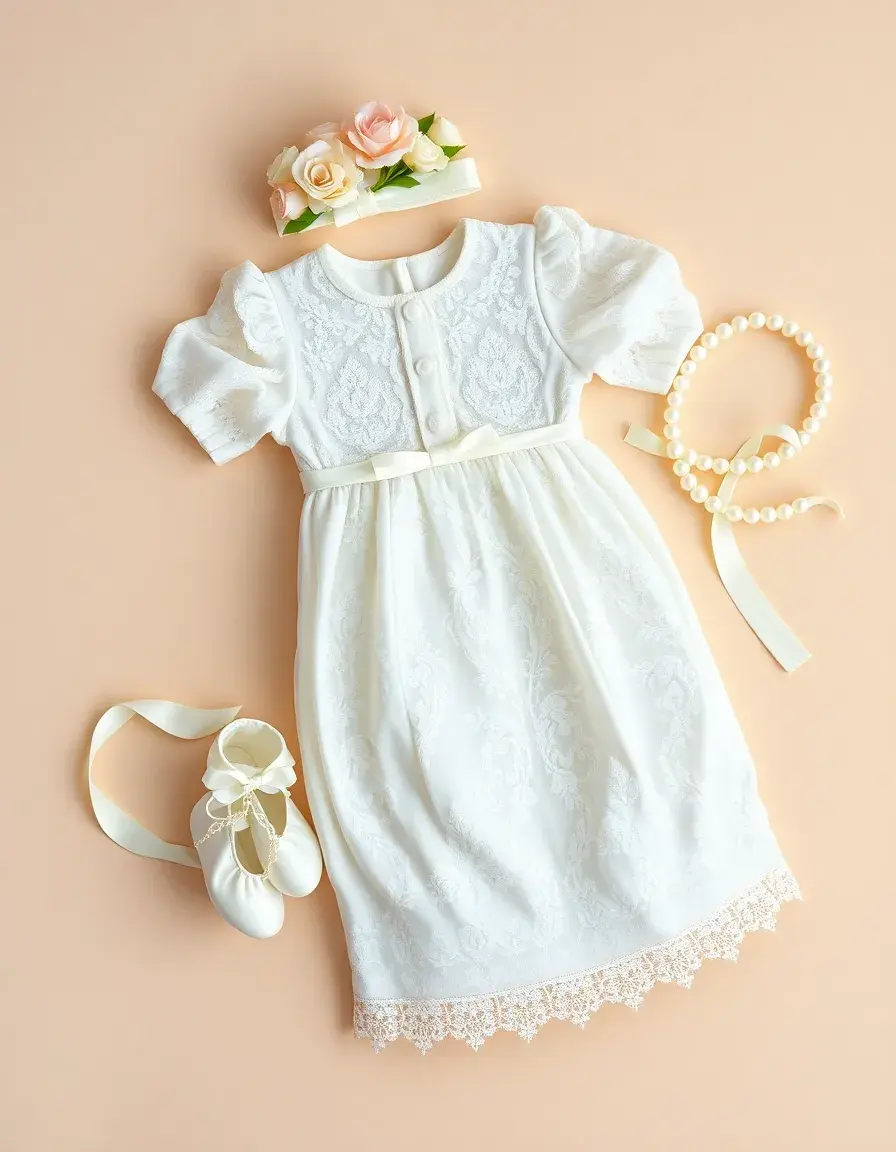 Elegante vestito bianco in pizzo per battesimo neonata con scarpine e accessori