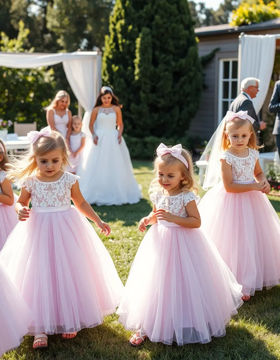 Bambine in eleganti vestiti per cerimonia color pastello in un giardino soleggiato