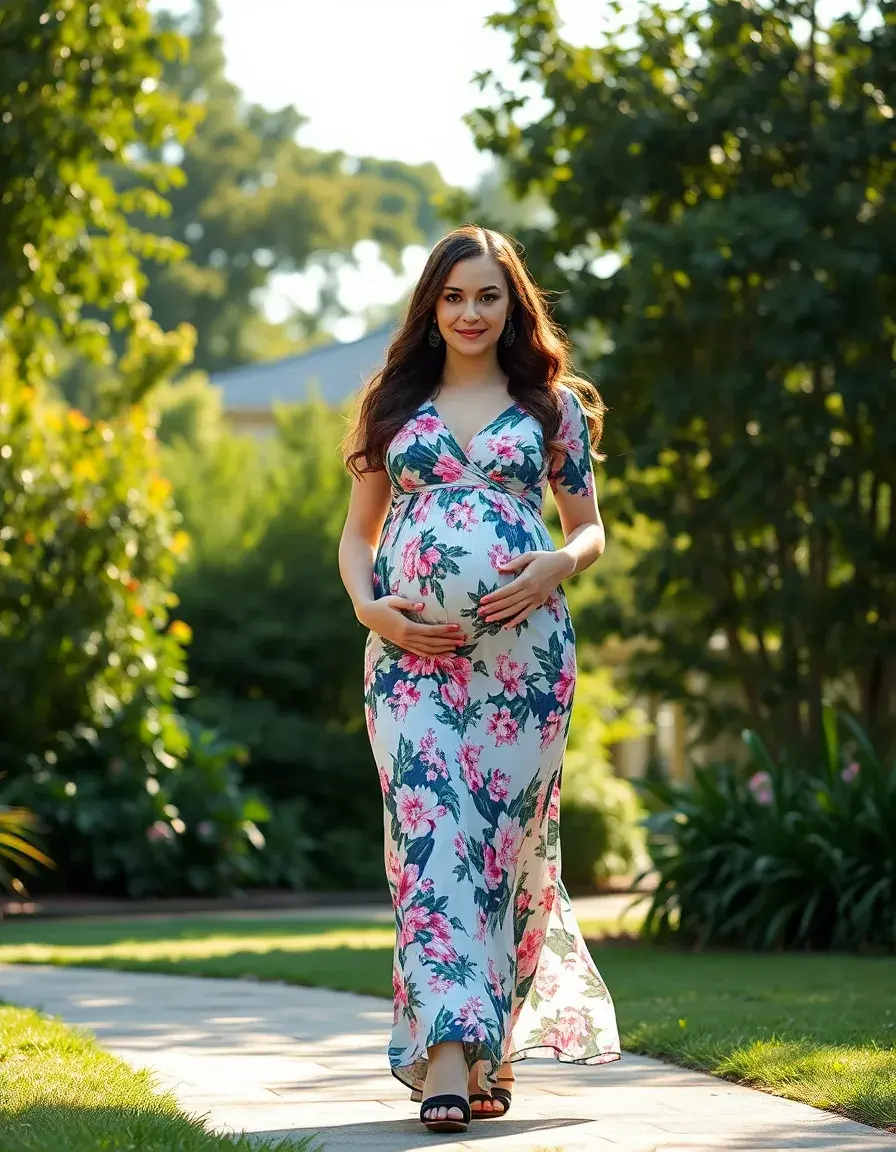 Donna in dolce attesa indossa un elegante vestito premaman a fiori in un giardino soleggiato