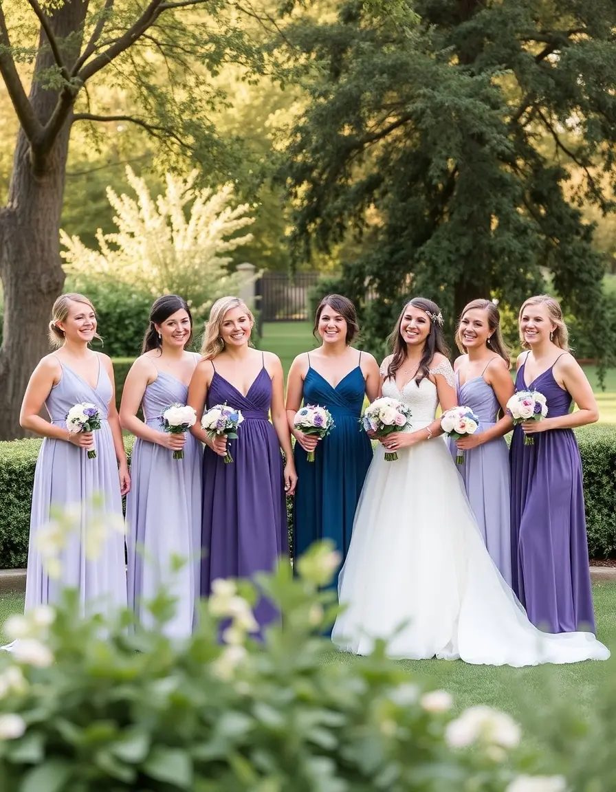Gruppo di damigelle che indossano vestiti eleganti coordinati in un giardino