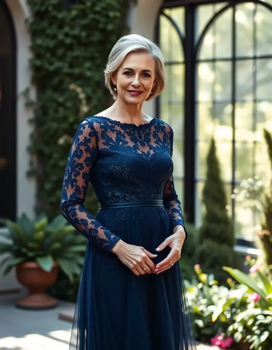 Elegante vestito per la mamma della sposa in pizzo blu navy in una sala ricevimenti.
