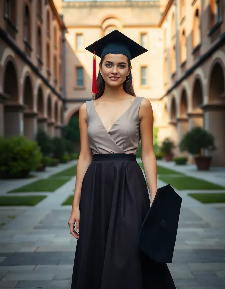 Ragazza elegante con vestito per laurea in un cortile universitario