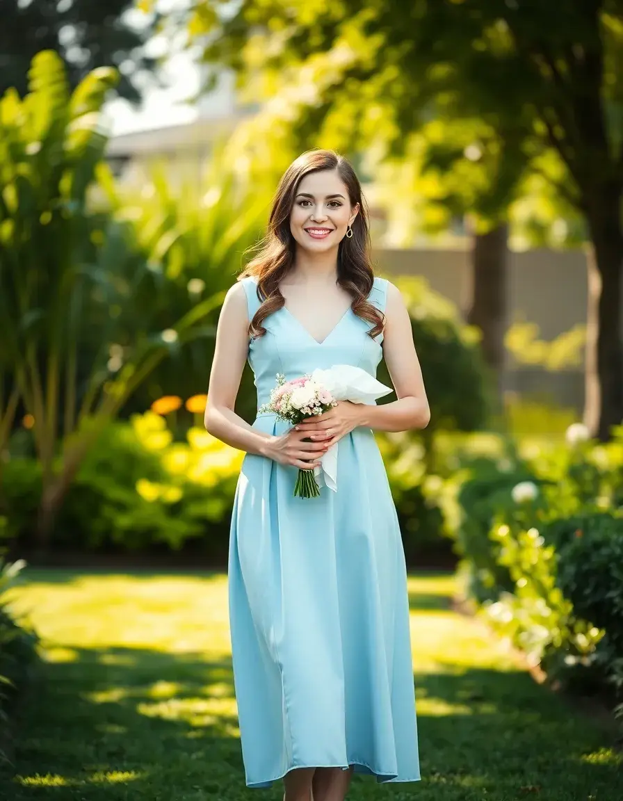 Mamma elegante con vestito azzurro pastello per un battesimo in giardino