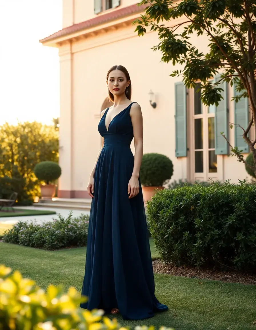 Elegante donna in abito da cerimonia blu navy in un giardino rigoglioso