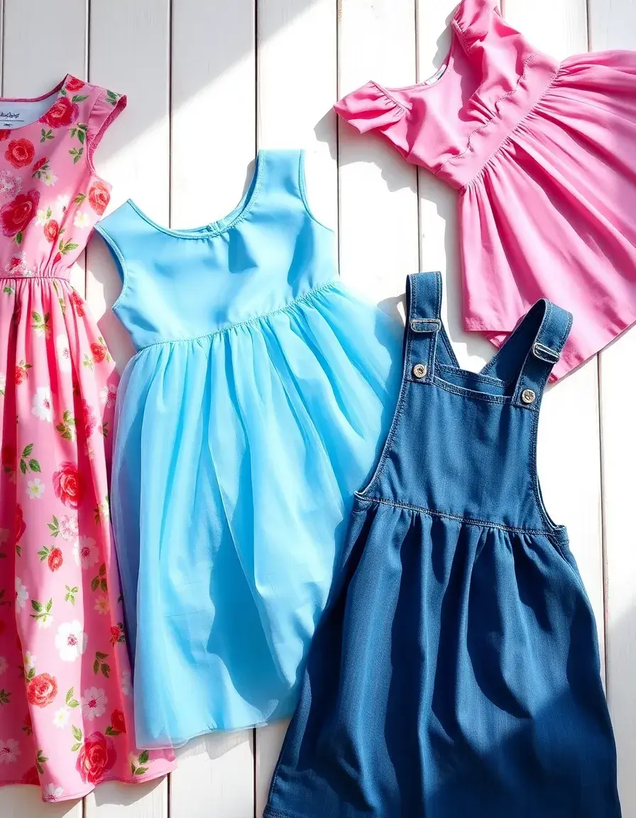Collezione di vestiti bambina colorati tra cui abiti floreali e in tulle su sfondo bianco.