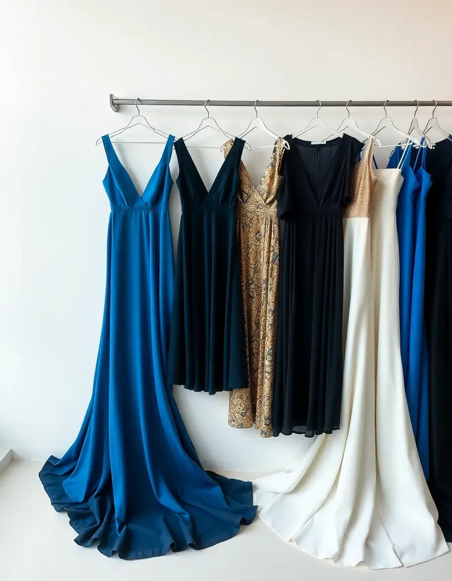 Elegante selezione di vestiti nei colori blu, nero, oro e bianco in una boutique di lusso.