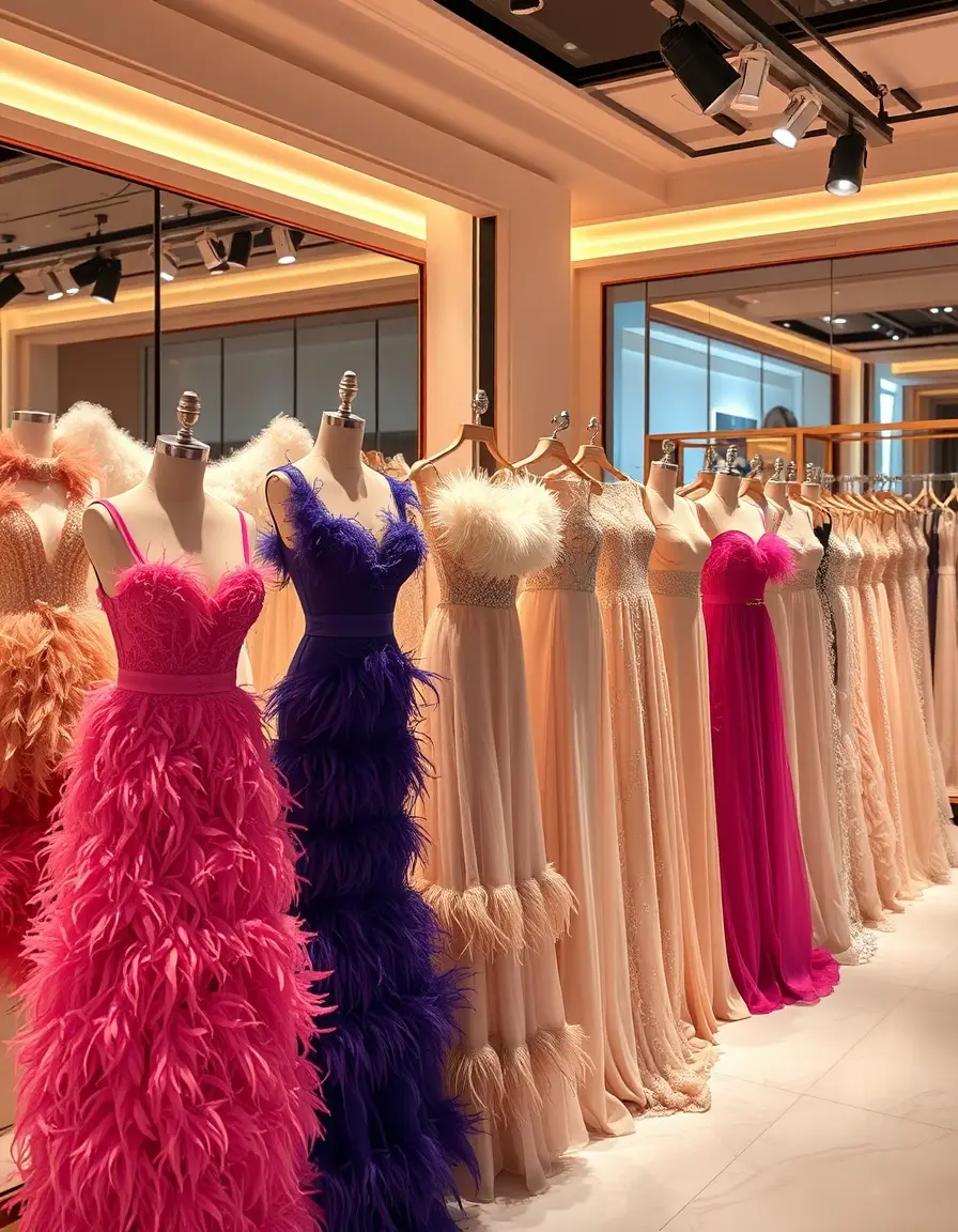 Eleganti vestiti con piume esposti in una boutique di lusso con illuminazione soffusa.