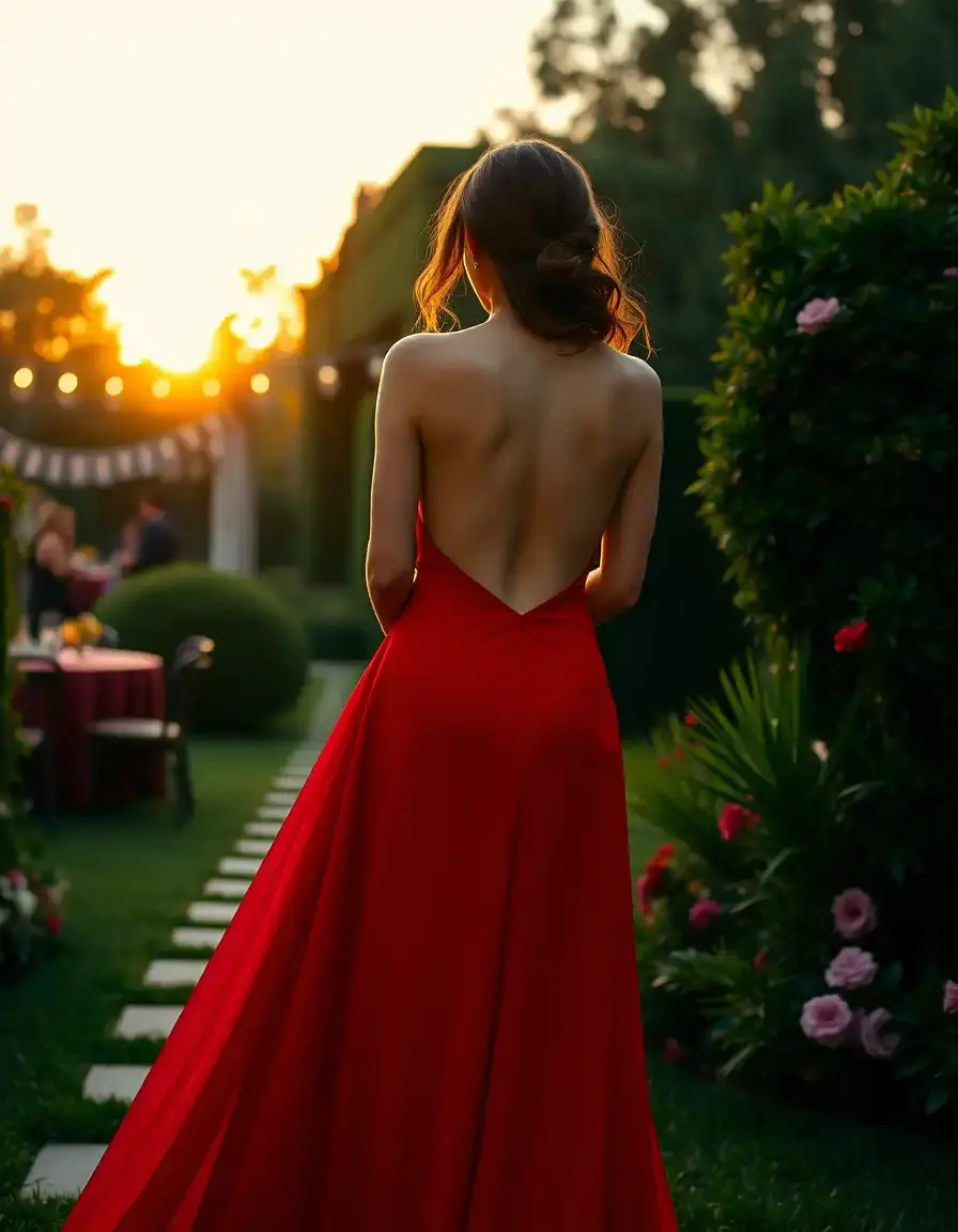 Donna indossa un elegante vestito con schiena scoperta rosso in un giardino al tramonto