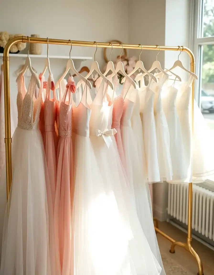 Eleganti vestiti da cerimonia per bambina appesi in una boutique luminosa