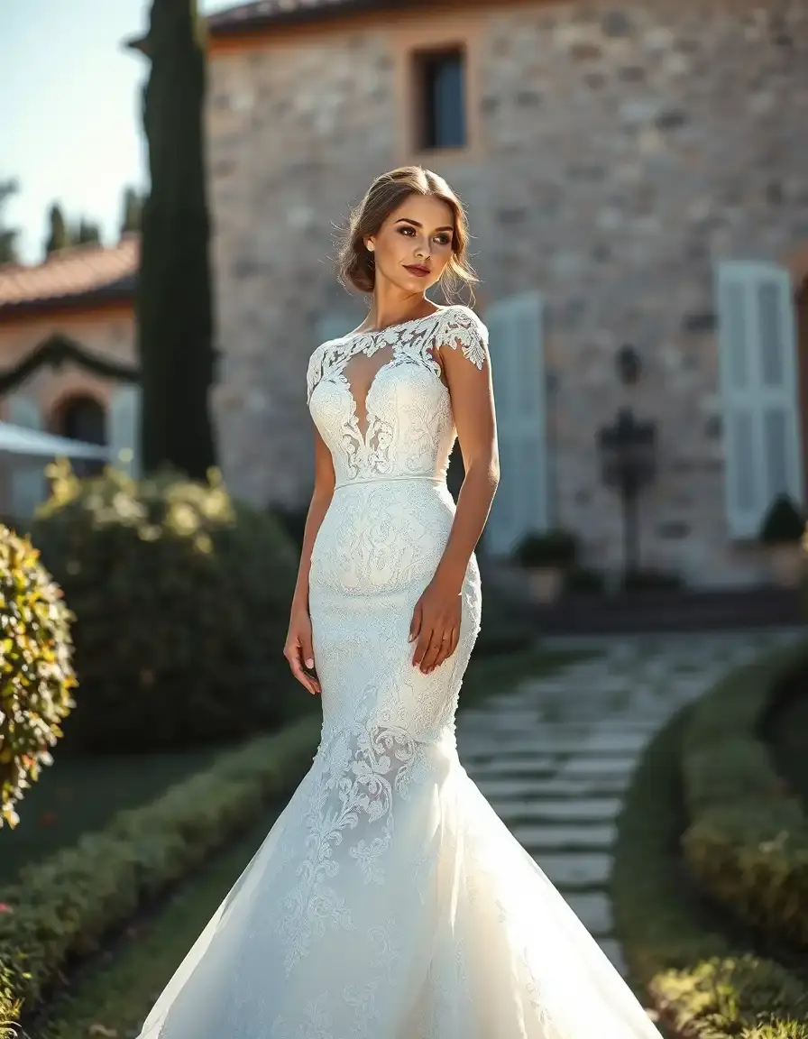 Sposa elegante con vestito da sposa sirena in pizzo in un giardino soleggiato