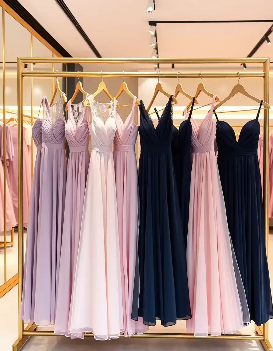 Eleganti abiti da damigella in diversi colori e tessuti esposti in una boutique di moda.