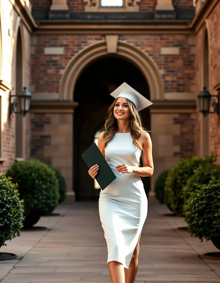 Elegante vestito di laurea bianco a tubino indossato da una studentessa in un cortile universitario