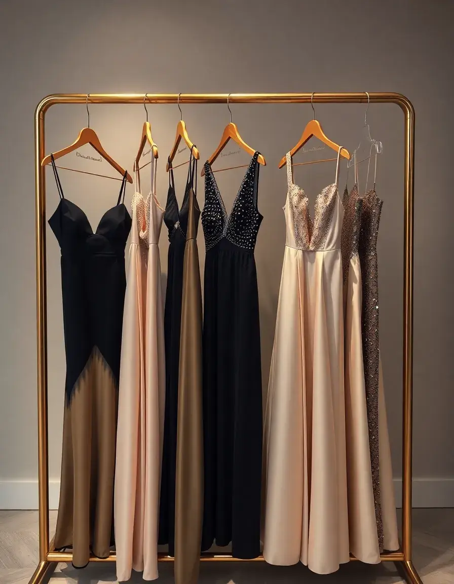 Selezione di abiti eleganti donna in seta e paillettes in una boutique di lusso