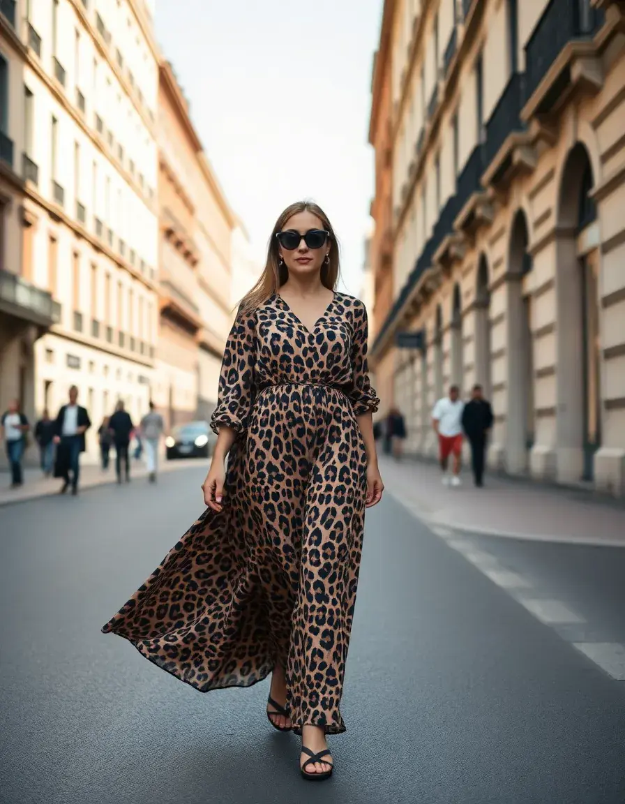 Donna elegante indossa un vestito leopardato lungo su una strada cittadina