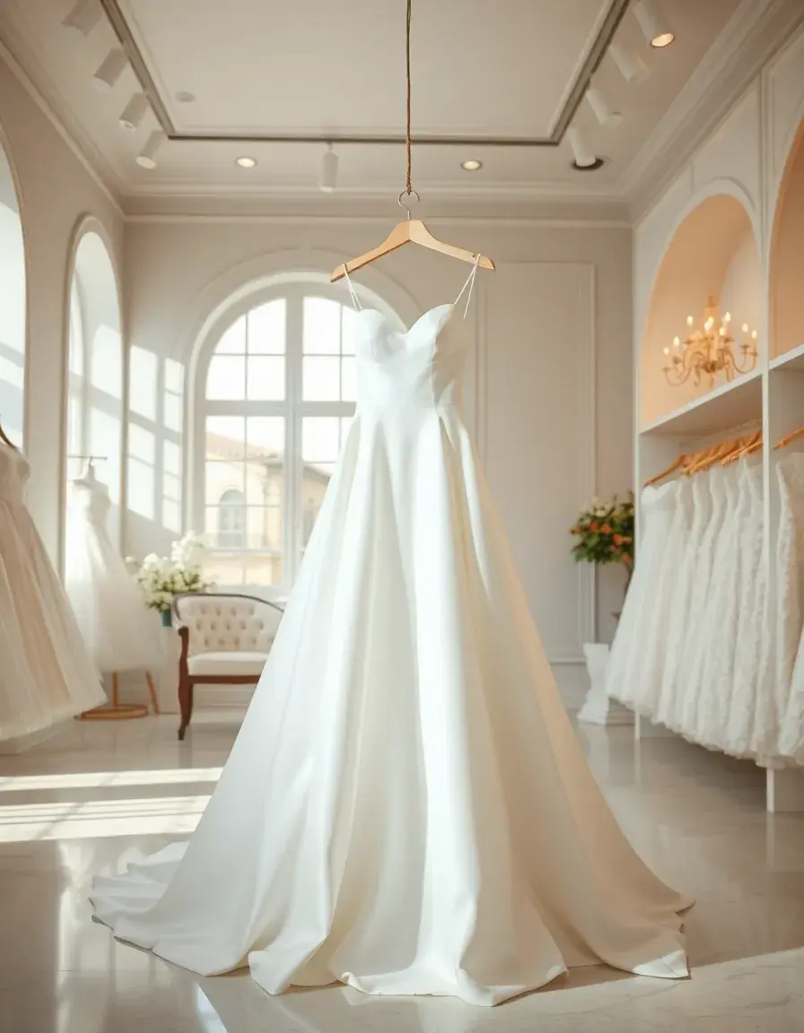 Elegante vestito matrimonio bianco stile A-line in una boutique luminosa