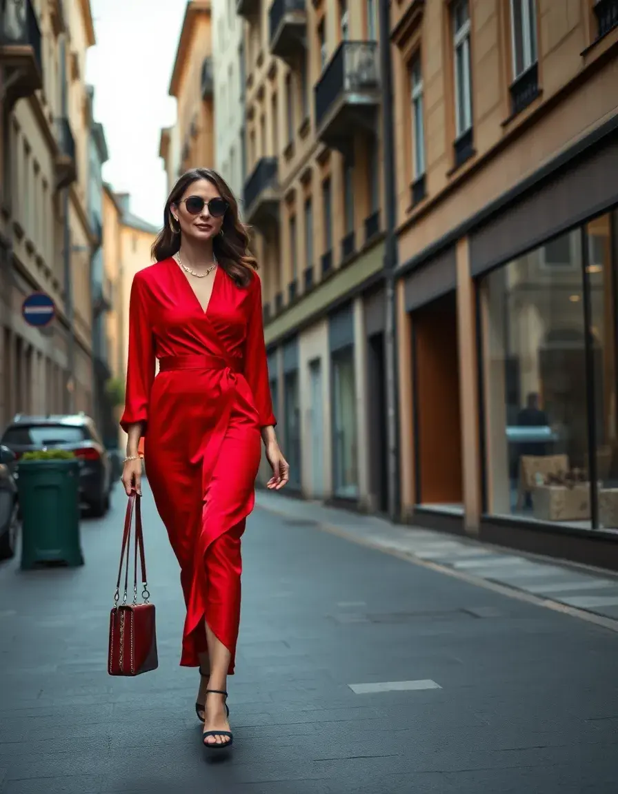 Donna elegante con vestito rosso a portafoglio cammina in una strada cittadina