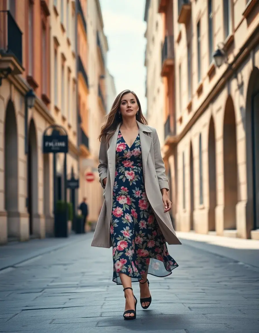 Donna elegante con abito floreale e trench per un look da 20 gradi
