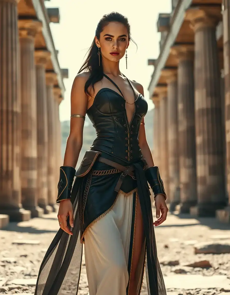 Donna con vestito stile amazzone moderna in una rovina antica