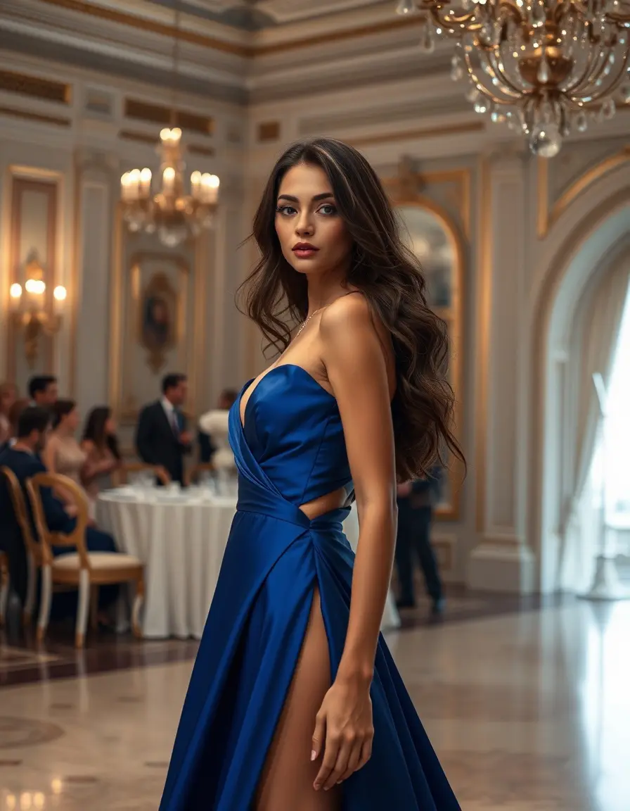 Donna con vestito asimmetrico blu elegante in una sala da cerimonia