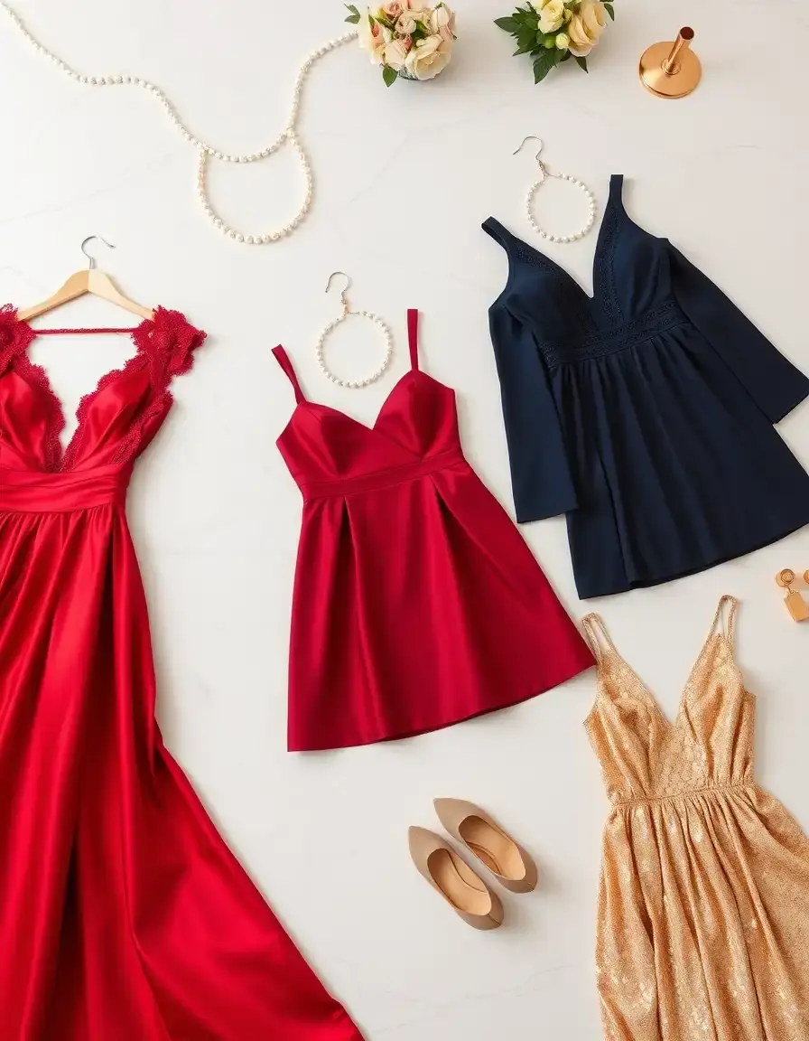 Selezione di eleganti vestiti cerimonia colorati su sfondo di marmo bianco