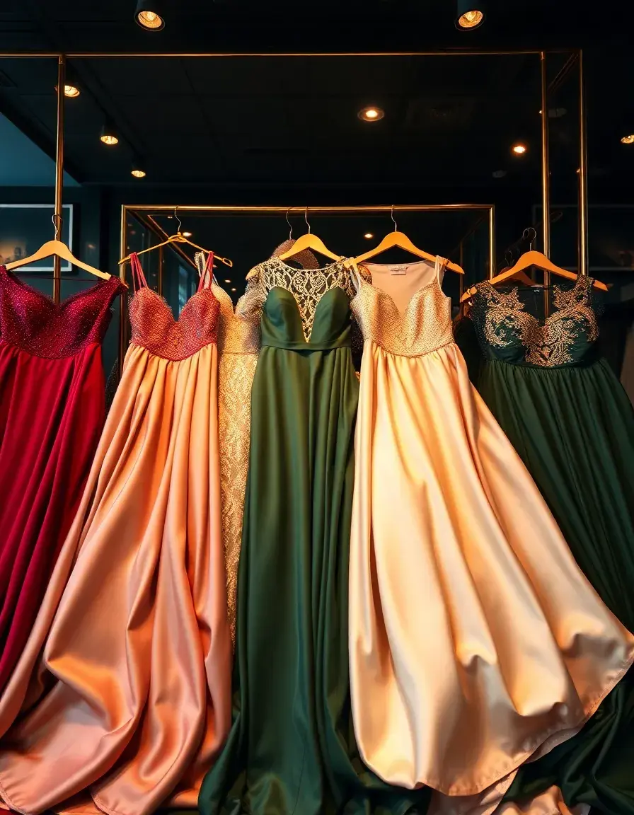 Eleganti vestiti per cerimonia donna in diversi tessuti come pizzo, satin e velluto esposti in una boutique di lusso.